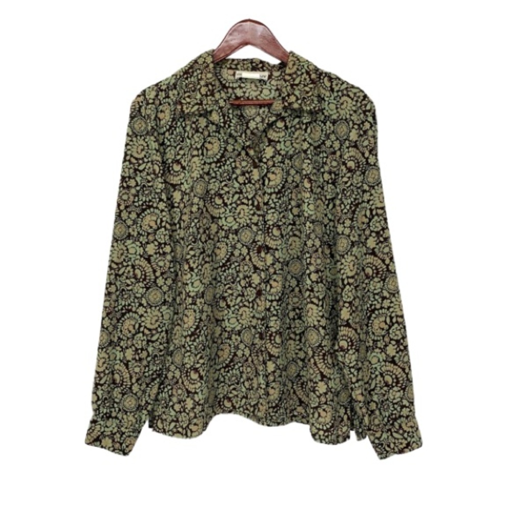 Vintage Donn Kenny Classics Green & Brown Floral Long Sleeve Button Down Shirt